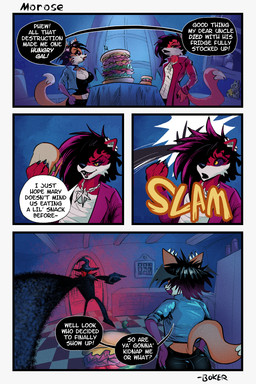 anarchy_symbol angry anthro big_breasts black_body black_bottomwear black_clothing black_hair black_pants black_sclera black_speech_bubble black_topwear blue_clothing blue_jacket blue_topwear bottomwear breasts cheek_tuft cleavage clothed clothing coat dark_room dialogue ear_piercing facial_tuft female food fur furniture gesture giant_food group hair hand_gesture head_wings highlights_(coloring) industrial_piercing jacket jewelry kitchen male multicolored_hair necklace night orange_body orange_fur pants piercing pink_highlights pointing purple_body purple_fur purple_hair rear_view red_body red_clothing red_coat red_fur red_topwear red_trenchcoat sandwich_(food) sound_effects speech_bubble spike_piercing table tail text topwear trio tuft two_tone_hair unusual_wing_placement wings yellow_eyes boker hanged_man_(boker) laura_derose val_(boker) bat-eared_fox canid canine canis demon fox mammal red_wolf wolf 2:3 comic english_text