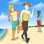 anthro anthrofied beach clothed clothing group male navel nipples pokemorph swimming_trunks swimwear topless trio fuze nintendo pokemon pawl_(fuze) braixen buizel generation_3_pokemon generation_4_pokemon generation_6_pokemon pokemon_(species) poochyena 1:1 hi_res