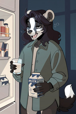 anthro appliance beverage_carton bottomless chin_piercing chin_stud clothed clothing container cup ear_piercing eye_bags facial_piercing fangs female fridge glass glass_container glass_of_milk gold_(metal) gold_piercing green_clothing green_shirt green_topwear groggy half-closed_eyes holding_carton holding_container holding_cup holding_glass holding_object kitchen kitchen_appliance midnight_snack milk milk_carton milk_container mostly_nude narrowed_eyes night nose_piercing nose_ring one_eye_closed open_clothing open_fridge open_mouth open_shirt open_topwear oversized_clothing piercing ring_piercing shirt shirt_only solo teeth tired topwear topwear_only yawn headoctopus blur_(band) red_bull tasha_(headoctopus) badger european_badger mammal meles mustelid musteline hi_res