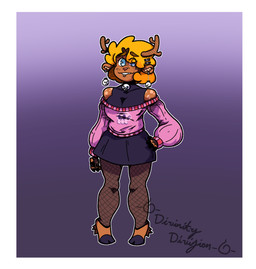 accessory alternative_fashion anthro armwear blonde_hair blue_eyes bone border bottomwear brown_body brown_fur buckteeth choker clothing curly_hair ear_piercing ear_ring female fingers fishnet_armwear fishnet_clothing fishnet_legwear freckles fur goth hair hair_accessory heart_nose heart_symbol hooved_fingers hooves horn jewelry legwear necklace piercing ring_piercing simple_background skirt skull sleeveless_shirt smiley_face solo sweater teeth topwear white_border divinitydivision deltarune undertale_(series) noelle_holiday deer mammal monster new_world_deer reindeer absurd_res hi_res