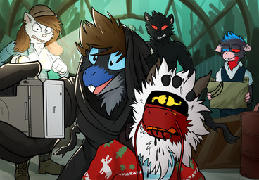 angry anthro barrel boots bored buckteeth camera christmas_clothing christmas_sweater christmas_topwear clothing ear_piercing ear_ring eyewear female flashlight footwear glasses group hat headgear headwear heterochromia holidays hood horn jacket male map oil onesie pattern_clothing piercing plug reading ring_piercing selfie shirtless shoes sweater synthetic teeth topwear visor whiskers pankallisti christmas dead_by_daylight mythology carthan_night circe_(pankallisti) corops_blackscale rawrzky valor_(valorvevo) canid canine canis domestic_cat dragon felid feline felis mammal murid murine mythological_creature mythological_scalie rat rodent scalie wolf 2021 hi_res