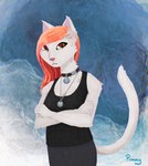 anthro bell bell_collar black_clothing black_shirt black_tank_top black_topwear blue_background bottomwear brown_eyes cat_tail clothing collar crossed_arms feline_ears feline_tail female fur grey_bottomwear grey_clothing grey_pants hair jewelry long_hair looking_at_viewer necklace orange_hair pants pink_nose red_hair shirt side_shave silver_(metal) silver_jewelry silver_necklace simple_background sleeveless sleeveless_shirt solo tank_top topwear whiskers white_body white_ears white_fur pynkpommy domestic_cat felid feline felis mammal hi_res trans_(lore) trans_woman_(lore)