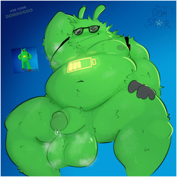 antennae_(anatomy) anthro armpit_musk backpack balls battery belly big_balls blush bodily_fluids border code eyewear fur genital_fluids genitals glowing glowing_markings green_body green_fur machine male markings moobs musk navel nipples overweight penis precum presenting smile smiling_at_viewer smirk smirking_at_viewer solo sunglasses thick_thighs white_border bluedomstar epic_games fortnite fortnite:_battle_royale yeddy android robot 1:1 absurd_res hi_res watermark