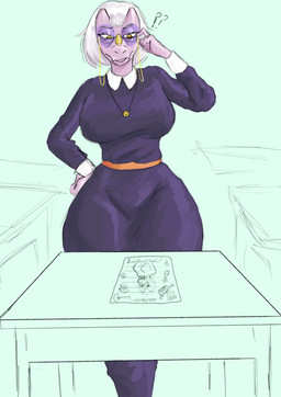 abstract_background anthro belt big_breasts breasts clothing curvy_figure desk dress elderly elderly_anthro elderly_female eyelashes eyewear female front_view furniture glasses grey_hair hair hourglass_figure huge_hips huge_thighs jewelry mature_anthro mature_female necklace purple_body purple_scales question_mark scales short_hair small_waist solo table thick_thighs voluptuous voluptuous_female wide_hipped_anthro wide_hipped_female wide_hips yellow_eyes sakamtosng goodbye_volcano_high ko_op_(game_developer) mrs._roberts_(gvh) ceratosaurid ceratosaurus dinosaur prehistoric_species reptile saurischian scalie theropod 2025 absurd_res digital_drawing_(artwork) digital_media_(artwork) hi_res