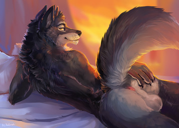 anthro anus balls black_body black_fur black_nose day fur genitals grey_balls grey_body grey_fur grey_tail hand_on_butt horn looking_at_viewer looking_back looking_back_at_viewer lying male male_anthro nude on_front perineum presenting presenting_anus seductive solo tail whiskers white_body white_fur yellow_eyes kinsheph lus_(rmmlusitania) canid canine canis hybrid mammal wolf hi_res