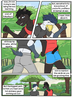 advice anthro athletic_wear beak black_body black_hair border bottomwear butt butt_shot clothed clothed_anthro clothed_male clothing diamond_(marking) duo eye_contact feathers fully_clothed fully_clothed_anthro fully_clothed_male furgonomic_pants hair looking_at_another male male_anthro markings motion_lines mullet narration outside pants plant running shirt shorts shrub smile speed_lines sweatpants t-shirt tail tank_top teeth text text_box toothed_beak topwear tree white_body white_border white_feathers fuze texnatsu james_oliver sam_jackson avian bird equid equine horse mammal 3:4 comic english_text hi_res