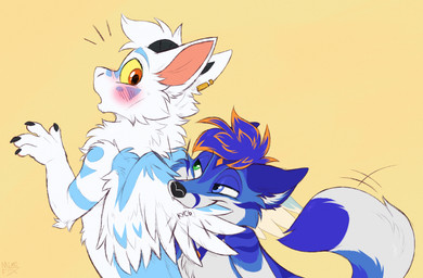 4_fingers anthro bite biting_another black_claws blush cheek_tuft claws duo ear_piercing facial_tuft fangs feathered_wings feathers fingers fur heterochromia horn looking_at_another male multicolored_body multicolored_fur nude open_mouth piercing shocked simple_background smug snout tail teeth text tuft wing_bite wings yellow_background mimi-fox mythology canid canine dragon fox furred_dragon furred_scalie mammal mythological_creature mythological_scalie scalie flat_colors hi_res russian_text translated