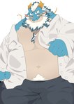 anthro beard belly blue_body blush body_hair bottomwear clothing dress_shirt facial_hair happy_trail horn looking_at_viewer male musclegut muscular navel pants pecs shirt solo topwear unbuttoned_shirt whiskers yellow_eyes haoming lifewonders mythology tokyo_afterschool_summoners qinglong_(tas) dragon mythological_creature mythological_scalie scalie 2024 hi_res