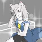 anthro clothed clothing exposed_shoulder female fur grey_body grey_fur pink_eyes solo silverbunny canid canine canis mammal wolf 1:1 hi_res