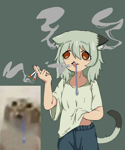 blue_bottomwear blue_clothing blue_pants bodily_fluids bottomwear brown_eyes cigarette cigarette_smoke clothing cute_fangs drooling eyelashes fangs female green_background green_clothing green_hair green_shirt green_topwear hair holding_cigarette holding_object inner_ear_fluff medium_hair pants saliva saliva_string shirt silly simple_background smoke smoke_from_ears smoke_from_mouth smoking smoking_cigarette solo standing tail teeth topwear tuft aiyucheese chainsmoker_cat drooling_cat_(meme) yaniko_satou animal_humanoid cat_humanoid felid felid_humanoid feline feline_humanoid humanoid mammal mammal_humanoid 2026 digital_drawing_(artwork) digital_media_(artwork) hi_res meme reference_image