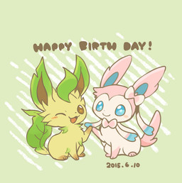 ambiguous_gender blue_eyes blue_inner_ear blush bow_(anatomy) brown_eyes brown_inner_ear brown_text cheek_tuft duo exclamation_point facial_tuft feral fur green_background happy_birthday head_tuft holding_paws leaf leaf_tail one_eye_closed open_mouth pink_blush pink_body pink_fur red_tongue ribbons_(anatomy) simple_background sitting tail text tongue tuft white_body white_fur wink yellow_body yellow_fur kanannbo nintendo pokemon eeveelution generation_4_pokemon generation_6_pokemon leafeon pokemon_(species) sylveon 2015 dated digital_drawing_(artwork) digital_media_(artwork) english_text flat_colors