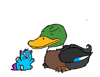 ambiguous_feral ambiguous_gender beak blue_body blue_fur duo eyes_closed feathers feral fur grey_body grey_feathers hair looking_at_another open_mouth purple_hair purple_tail quadruped simple_background sitting smile tail white_background wings yellow_beak young young_ambiguous young_feral carniviousduck fluffy_pony fluffy_pony_(species) mammal 2026 digital_media_(artwork) english_description