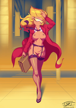 anthro barely_visible_genitalia barely_visible_vulva big_breasts biped blonde_hair bra breasts briefcase cleavage clothed clothing eyewear female footwear fur garter_belt garter_straps genitals glasses hair high_heels legwear necktie nipples open_clothing open_shirt open_topwear partially_clothed shirt shoes solo stockings topwear underwear vulva wind hardtones hanna-barbera swat_kats callie_briggs domestic_cat felid feline felis mammal 2017 hi_res