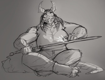 anthro big_breasts bottomwear breasts clothed clothing eyes_closed female female_anthro front_view holding_melee_weapon holding_object holding_sword holding_weapon horn melee_weapon mouth_closed muscular muscular_anthro muscular_female non-mammal_breasts pants simple_background sitting solo sword thick_thighs topwear weapon jezzlen mythology dragon mythological_creature mythological_scalie scalie hi_res monochrome sketch