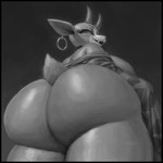 anthro big_breasts big_butt black_border border bottomless bottomless_female breasts butt butt_focus clothed clothing ear_piercing ear_ring eyelashes female fluffy fluffy_tail horn huge_butt looking_at_viewer looking_back looking_down looking_down_at_viewer low-angle_view piercing rear_view ring_piercing side_boob smile solo tail thick_thighs topwear undressing patacon animal_crossing nintendo shino_(animal_crossing) cervine deer mammal 1:1 2022 absurd_res digital_media_(artwork) greyscale hi_res monochrome