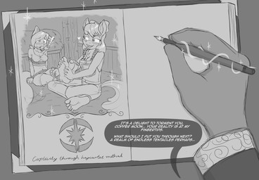 anthro bdsm big_feer bondage book bound bound_female braided_hair braided_pigtails clothing dialogue dominant dominant_female duo exclamation_point feet female female/female fountain_pen gag hair magic pen sock_gag text trapped caroo friendship_is_magic hasbro my_little_pony apple_bloom_(mlp) copper_moon fan_character earth_pony equid equine horse mammal pony english_text hi_res monochrome