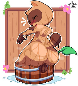 anthro balls bathing big_butt black_nose blush brown_body brown_ears brown_fur brown_tail bucket butt container eyes_closed flower fur genitals leaf male multicolored_body multicolored_fur pink_flower plant rear_view smile solo tail tanuki_sprout text thick_thighs three-quarter_view tongue two_tone_body two_tone_fur two_tone_tail water karikhuri brawl_stars supercell_(company) sprout_(brawl_stars) canid canine mammal raccoon_dog tanuki 2025 artist_name digital_media_(artwork)