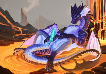 animal_genitalia blue_eyes blue_penis claws erection feral frill_(anatomy) genitals horn knot membrane_(anatomy) membranous_frill membranous_wings mountain outside penis rock scales solo tail wings mordorinka mythology morkep dragon mythological_creature mythological_scalie scalie absurd_res hi_res