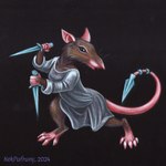 5_toes anthro barefoot biped black_background brown_body brown_fur clothed clothing feet fur holding_knife holding_object holding_weapon knife simple_background solo toes weapon whiskers kekpafrany mammal murid murine rat rodent 1:1 2024 hi_res traditional_media_(artwork)