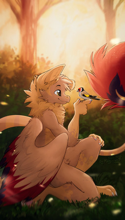 anthro biped claws feathers feet fingers forest fur hair kneeling male nude nude_anthro nude_male outside plant smile solo tail toes tree wings magenta7 mythology dragon mythological_creature mythological_scalie scalie 2026 absurd_res digital_drawing_(artwork) digital_media_(artwork) hi_res