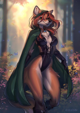 anthro biped breasts brown_body brown_fur brown_hair brown_tail cloak clothed clothed_anthro clothed_female clothing countershade_torso countershading female fingers forest front_view fur gloves hair handwear leotard looking_at_viewer outside plant smile solo standing tail teeth tree tlt_echelon canid canine fox mammal 2025 digital_drawing_(artwork) digital_media_(artwork) hi_res