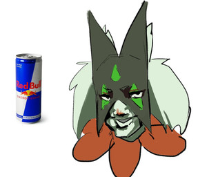ambiguous_gender anthro beverage biped black_eyes closed_smile energy_drink eyebrows front_view fur green_body green_fur looking_at_viewer mouth_closed orange_body orange_nose simple_background smile solo teeth white_background skeleton265 nintendo pokemon red_bull generation_9_pokemon meowscarada pokemon_(species)