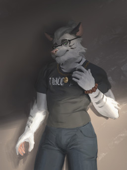 anthro eyewear facial_piercing glasses jewelry looking_at_viewer male necklace nose_piercing piercing septum_piercing simple_background solo standing harufeng canid canine mammal absurd_res hi_res