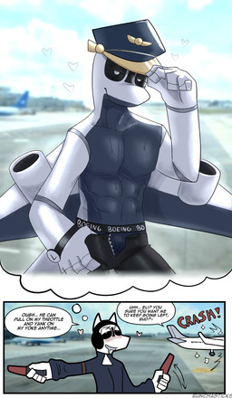 aircraft airfield airplane airport anthro black_sclera blush bodily_fluids boeing_787 bulge clock clothed clothing daydream dialogue drooling duo electronics eye_contact fantasizing glistening glistening_body headphones innuendo intersex intersex/male jumpsuit looking_at_another machine male marshalling_wand muscular muscular_male pilot_hat saliva sweat text topless topless_male underwear unzipped unzipped_pants vehicle watch white_body wristwatch zipper bunchasticks boeing boeing_737 eli_the_plane_(bunchasticks) roger_(bunchasticks) aeromorph living_aircraft living_machine living_vehicle english_text hi_res shaded trans_(lore) trans_man_(lore)