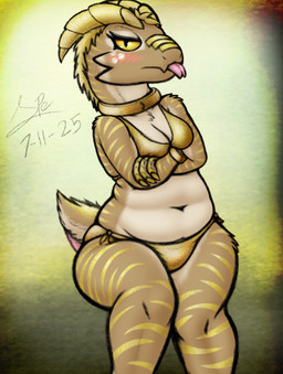 2_horns abstract_background anthro arm_tuft belly bikini blush breasts brown_body brown_fur chest_tuft claws cleavage clothed clothing collar countershade_fur countershade_legs countershade_neck countershade_torso countershading crossed_arms cuff_(restraint) eyelashes fangs female female_anthro finger_claws forked_tongue front_view frown frowning_at_viewer fur gold_(metal) gold_bikini gold_collar gold_cuffs gold_mane gold_scales gold_stripes golden_claws horn leg_tuft looking_at_viewer mane medium_breasts metal_collar metal_cuffs navel non-mammal_breasts pink_tongue pouting pupils restraints scales scut_tail short_tail shortstack shortstack_female shoulder_tuft side-tie_bikini sitting skimpy skimpy_bikini slightly_chubby slightly_chubby_anthro slightly_chubby_female slit_pupils snout solo string_bikini striped_body striped_fur stripes swimwear tail tan_body tan_countershading tan_fur tapering_tail teeth thick_thighs thigh_tuft tongue tongue_out tuft two-piece_swimsuit wide_hips wrist_cuffs spe zhali_(spe) furred_kobold furred_scalie kobold scalie 2026 absurd_res dated digital_drawing_(artwork) digital_media_(artwork) hi_res krita_(artwork) portrait procreate_(artwork) shaded signature soft_shading three-quarter_portrait