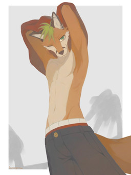 anthro athletic athletic_male clothed clothing ear_piercing ear_ring male one_eye_closed piercing ring_piercing solo topless undressing kmngnnw i_think_i_like_you jax_(i_think_i_like_you) canid canine fox mammal red_fox true_fox 3:4 hi_res