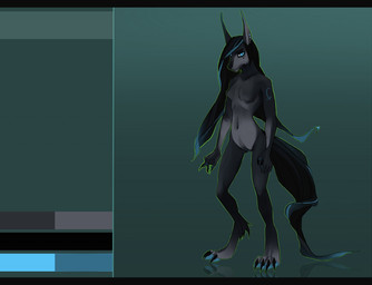 anthro biped black_body black_claws black_fur black_hair black_nose blue_eyes blue_hair blue_highlights blue_markings blue_pawpads claws color_swatch ear_piercing female fur genitals gradient_background green_background green_outline grey_body grey_fur hair highlights_(coloring) markings multicolored_hair navel nude outline pawpads piercing simple_background solo standing three-quarter_view two_tone_hair vulva akrolayn canid canine mammal 2015 digital_media_(artwork) full-length_portrait letterbox model_sheet portrait unavailable_at_source
