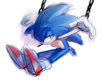 anthro arms_above_head biped blue_body blue_fur bound chain chained clothing footwear fur gloves green_eyes half-closed_eyes handwear looking_aside male narrowed_eyes shoes simple_background solo tongue tongue_out white_background den255 sega sonic_the_hedgehog_(series) sonic_the_hedgehog eulipotyphlan hedgehog mammal