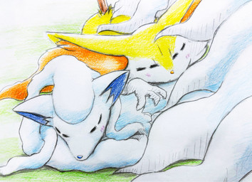 3_fingers ambiguous_anthro ambiguous_feral ambiguous_gender anthro biped blue_nose blush blush_lines duo eyes_closed feral fingers front_view fur inner_ear_fluff lying multicolored_body multicolored_fur object_in_tail on_front orange_body orange_fur orange_inner_ear_fluff orange_nose pointy_ears prick_ears quadruped side_view simple_background sleeping sleeping_together stick stick_in_tail tail tapering_snout tuft white_body white_fur white_tail yellow_body yellow_fur yellow_tail eiroru nintendo pokemon alolan_form alolan_ninetales braixen canid generation_6_pokemon generation_7_pokemon mammal pokemon_(species) regional_form_(pokemon) 2026 colored colored_pencil_(artwork) graphite_(artwork) hi_res shaded traditional_media_(artwork)