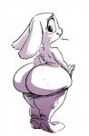 anthro big_butt blush bottomwear butt clothing ears_down female huge_butt huge_hips huge_thighs hyper hyper_butt looking_back obese obese_anthro obese_female overweight overweight_anthro overweight_female pants pivoted_ears short_stack simple_background solo text thick_thighs white_background wide_hips lowkey disney zootopia judy_hopps lagomorph leporid mammal rabbit 2016 hi_res monochrome sketch