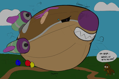 aircraft airship balloon belly big_belly black_eyes brown_body brown_fur cloud dirt_road duo feral fur grass inflatable machine overweight plant purple_nose text vehicle pyrrhusnushi ruben_sling bloons_tower_defense ninja_kiwi haplorhine living_aircraft living_machine living_vehicle mammal monkey primate 3:2 english_text hi_res