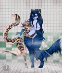 anthro duo ear_piercing female female/female fur green_eyes grope horn hug piercing raised_leg shower size_difference spots wet wet_body wet_fur wide_hips celestbrook celest sya_ruusa dire_leopard felid mammal pantherine tiger hi_res