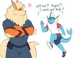 anthro blue_body clothing dialogue duo fur hair looking_at_another male officer orange_body orange_fur running simple_background tail text uniform white_background yolko_shark nintendo pokemon arcanine eeveelution generation_1_pokemon pokemon_(species) vaporeon 2025 absurd_res english_text hi_res
