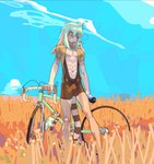 abs anthro bicycle big_penis bulge detailed_bulge eyes_closed fields genital_outline genitals male penis penis_outline penis_poking_out penis_through_leghole resting skinny solo vehicle lambrey lagomorph leporid mammal rabbit hi_res