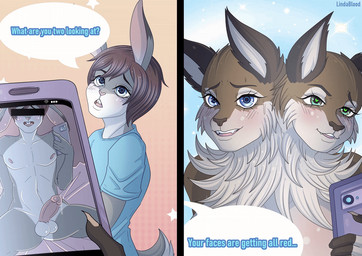 anthro balls cellphone dialogue electronics female genitals male male/female nude penis phone ruined_reputation shy smartphone solo lindablood jett_and_fay_(lunares) canid canine lagomorph leporid mammal rabbit 2d_animation animated animated_comic comic
