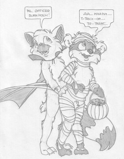 3_toes 4_fingers ambiguous_penetration animal_genitalia anthro barefoot candy cape cheek_tuft clothing costume dessert dialogue digitigrade disguise duo embarrassed exclamation_point facial_tuft fangs feet fingers fluffy fluffy_tail food fully_sheathed genitals holidays male male/male male_penetrated male_penetrating male_penetrating_male membrane_(anatomy) membranous_wings mostly_nude open_mouth penetration sex sheath speech_bubble standing tail teeth text toes tuft winged_arms wings young young_anthro mizzyam halloween mitch_savours sachel bat mammal mummy procyonid raccoon undead vampire absurd_res english_text graphite_(artwork) greyscale hi_res monochrome traditional_media_(artwork)