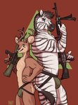 anthro arm_tattoo back_to_back bulge clothed clothing deer duo equid equine gun hi_res jockstrap male male/male mammal muscular muscular_male oddthesungod pose ranged_weapon scar sharlow tattoo topless underwear weapon zebra