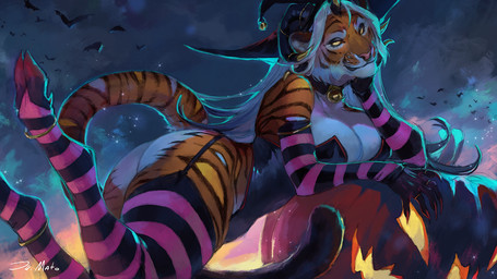 5_fingers anthro biped breasts brown_body brown_fur brown_tail butt claws clothed clothed_anthro clothed_female clothing female finger_claws fingers fur hair horn inner_ear_fluff looking_at_viewer markings solo striped_body striped_fur striped_markings striped_tail stripes tail tail_markings tuft white_hair juliathedragoncat hervy felid mammal pantherine tiger 16:9 2025 digital_drawing_(artwork) digital_media_(artwork) hi_res widescreen