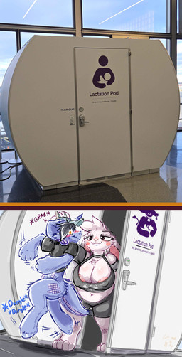 anthro baseball_cap big_breasts blush bottomless breasts buckteeth chest_tuft clothed clothing dangling door female grabbing_collar hat headgear headwear hooves lactation_pod navel nipples slightly_chubby teeth tuft frist44 colarix_(fursona) frist_(character) dracony hybrid lagomorph leporid mammal rabbit hi_res