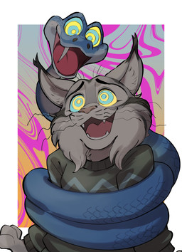 anthro blue_body blue_scales bound clothing coiling duo fangs feral fur grey_body grey_fur hug hypnosis male male/male mind_control open_mouth open_smile ringed_eyes scales simple_background smile sweater teeth topwear whiskers yellow_eyes kinoshita-jiroh disney zootopia gary_de'snake pawbert_lynxley canada_lynx felid feline lynx mammal pit_viper reptile scalie snake viper hi_res
