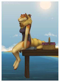 anthro barefoot beach biped breasts candy clothing day dessert detailed_background feet female food outside paws pier sand seaside side_view sitting sky solo sun swimwear water wood yellow_eyes detts miss_creme_brulee canid canine mammal 2013 hi_res