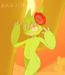 >:3 ambiguous_gender big_eyes blurred_background cactus claws desert featureless_crotch flat_chested flower glossy_body green_body mostly_nude nude plant red_eyes sharp_teeth smile solo sunset teeth blb_233 cactus_creature domestic_cat elemental_creature felid feline felis flora_fauna mammal hi_res