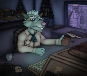 anthro book candle city city_background computer container cup datapad electronics eyewear glasses looking_at_object male mug office picture_frame plant plushie post-it_note shelf solo mckodimus brok_the_investigator celsius_strays cowcat_games whikk_(celsius_strays) mammal murid murine rat rodent invalid_background hi_res