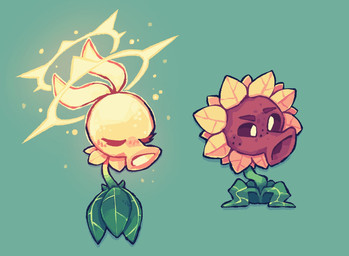 ambiguous_gender black_sclera blonde_hair brown_eyebrows brown_head eyebrows eyes_closed floating flower freckled_face freckles green_background green_body hair leaf leaf_hair leaf_legs not_furry petals plant plant_hair pseudo_hair simple_background siphon_(anatomy) sunflower three-quarter_view white_eyes yellow_head yellow_petals leafysky22 electronic_arts plants_vs._zombies popcap_games elemental_creature flora_fauna flower_creature hybrid peashooter_(pvz) solar_pea solar_pea_(pvz_reflourished) sunflower_(pvz) 2025 colored digital_media_(artwork) hi_res shaded