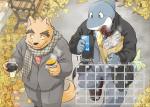 anthro beverage bottomwear calendar calendar_graphic clothing coffee detailed_background duo electronics food humanoid_hands male outside pants phone scarf shirt topwear inuryu canid canine canis domestic_dog fish mammal marine shark 2019