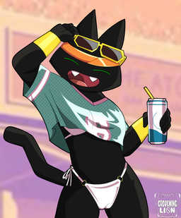 accessory anthro beverage bikini camel_toe clothing crop_top eyewear female genital_outline shirt solo sunglasses swimwear topwear two-piece_swimsuit vulva_outline crouchingli0n cartoon_network grand_theft_auto gta_vi_cover_girl mao_mao:_heroes_of_pure_heart rockstar_games bangles_sister felid feline mammal hi_res